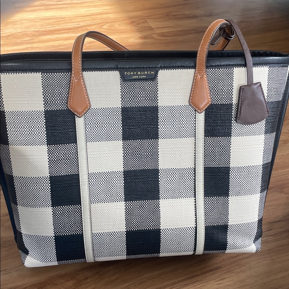 Tory Burch Black and Cream Plaid Tote